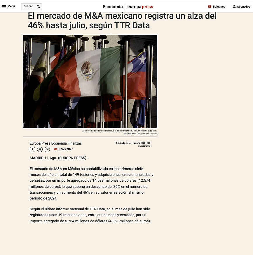 El mercado de M&A mexicano registra un alza del 46% hasta julio, segn TTR Data